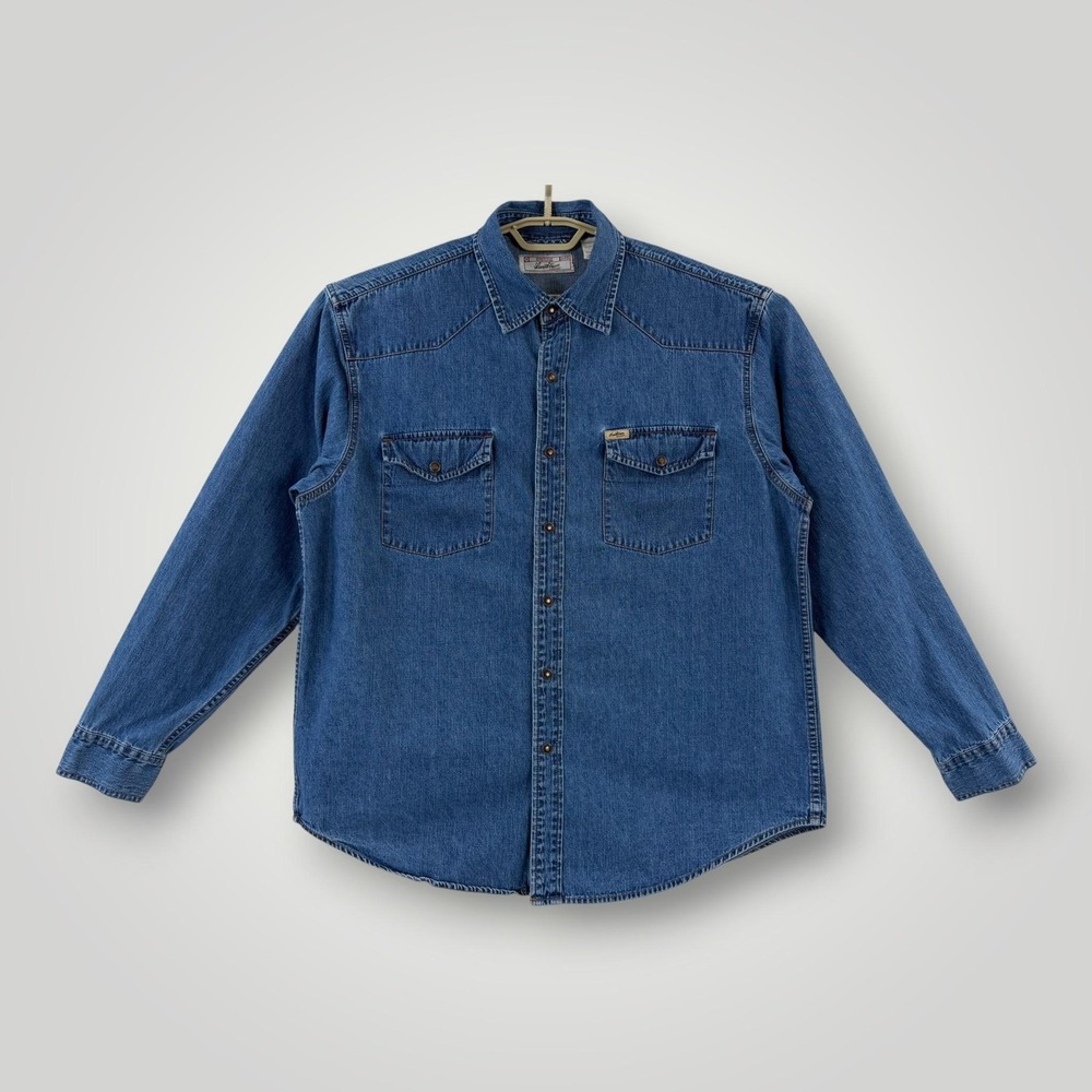Levi Strauss Signature Western Shirt Mens L Blue Denim Snap Button Cotton Cowboy